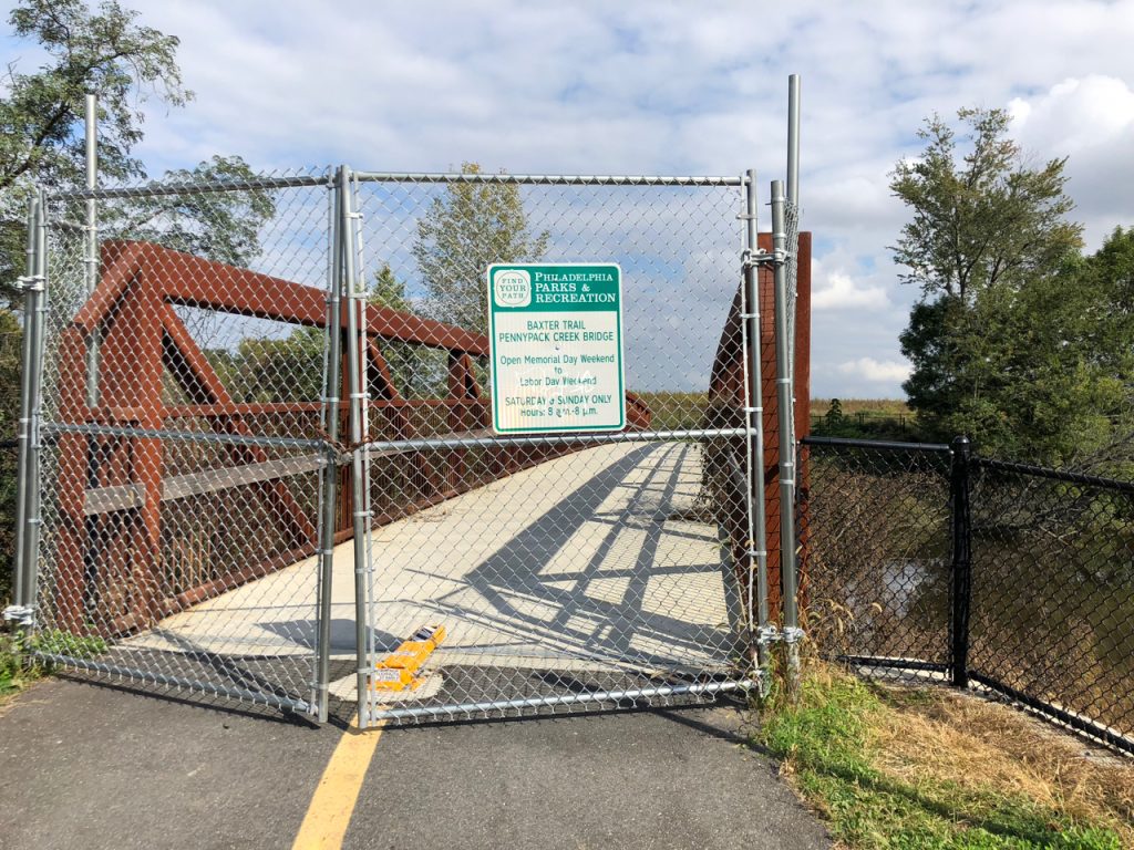 baxter1-meir.original A locked gate bars entrance to a bridge over Pennypack Creek on the Baxter Trail, at the north edge of Pennypack on the Delaware. (Meir Rinde for WHYY)