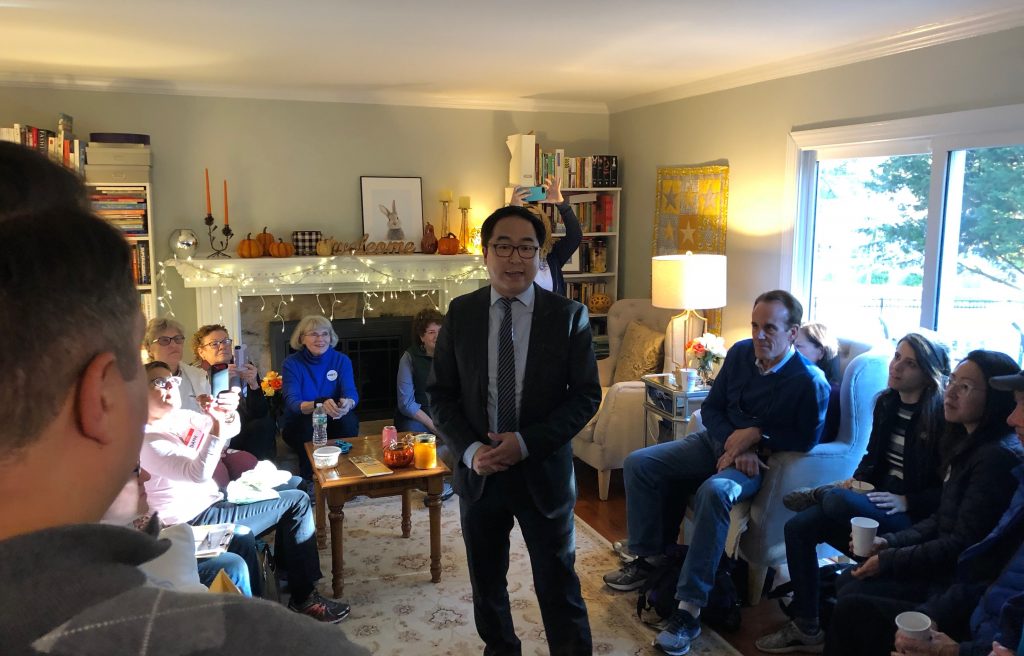 file Democrat Andy Kim speaks to campaign volunteers at a home in Brick, New Jersey on Sunday, Nov. 4, 2018. (Joe Hernandez/WHYY)