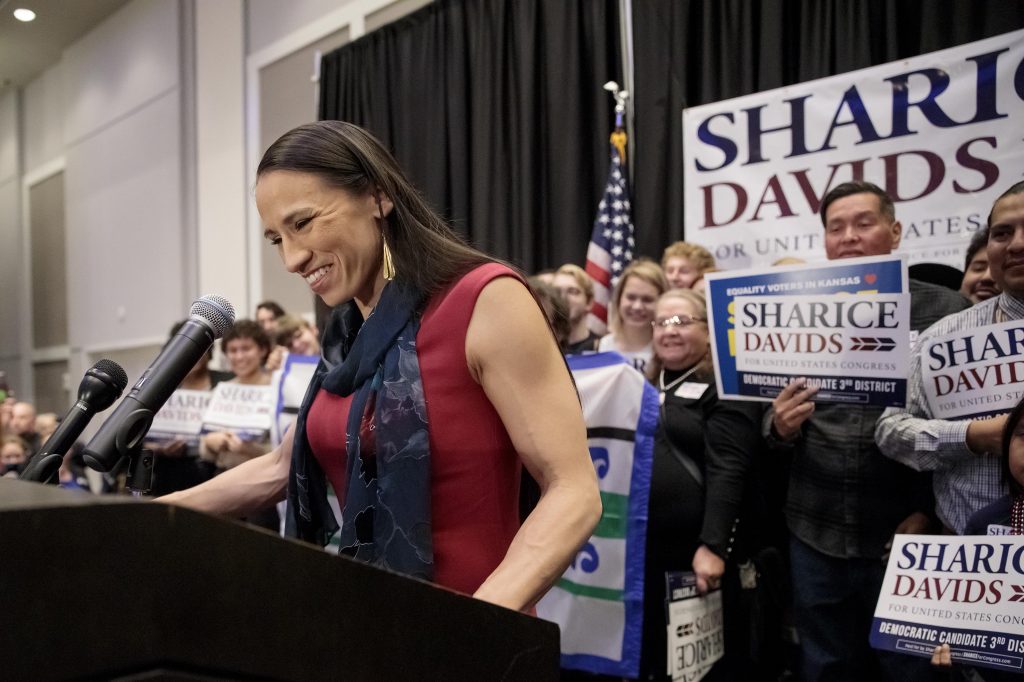After winning Kansas’ 3rd District, Sharice Davids is projected to become one of the first Native American women to serve in Congress and the first LGBTQ person to represent the state in the lawmaking body. After winning Kansas' 3rd District, Sharice Davids is projected to become one of the first Native American women to serve in Congress and the first LGBTQ person to represent the state in the lawmaking body. (Whitney Curtis/Getty Images)