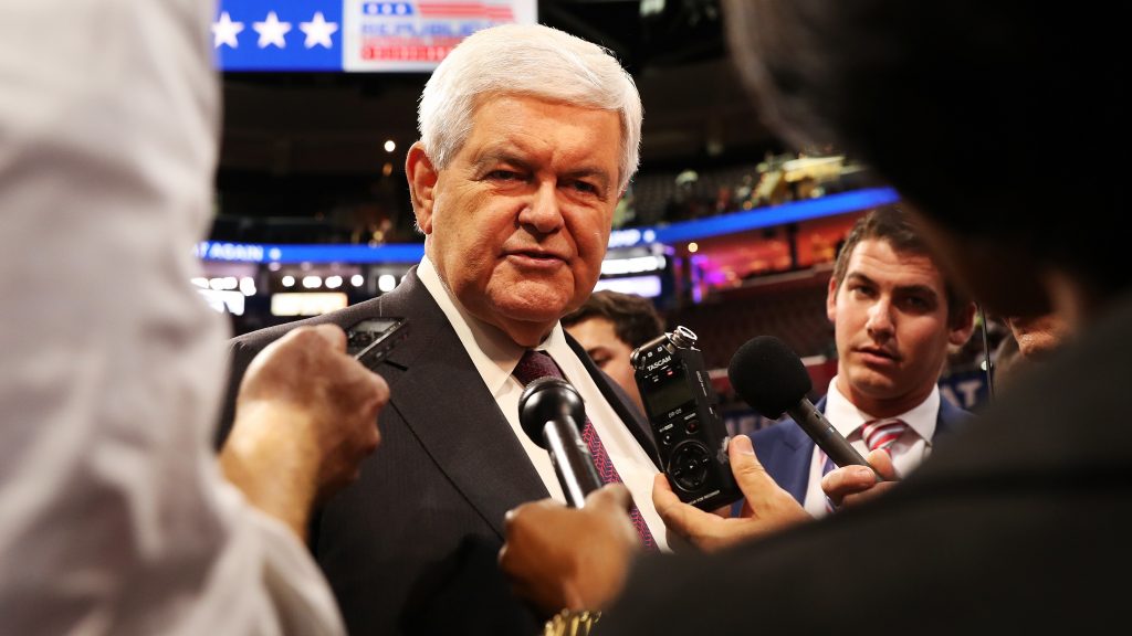 Former Speaker of the House Newt Gingrich speaks with reporters at the Republican National Convention on July 21, 2016, in Cleveland. Former Speaker of the House Newt Gingrich speaks with reporters at the Republican National Convention on July 21, 2016, in Cleveland. (John Moore/Getty Images)