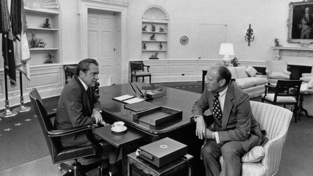 gettyimages-615321186_wide-9648464ca1b36fd322f0dbea6cd3e9319861b0b2-s1500-c85 President Richard Nixon with Vice President Gerald Ford. Nixon resigned on Aug. 9, 1974, rather than face the prospect of impeachment over Watergate. (Historical/Corbis via Getty Images)