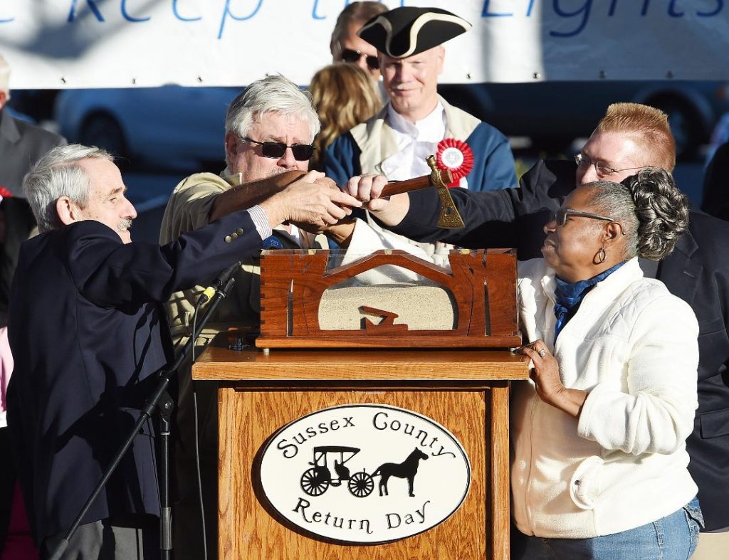 hatchet Officials bury the hatchet at Return Day in Georgetown, Delaware. The ceremony symbolizes the end of political hostilities in the First State. (Chuck Snyder/for WHYY)