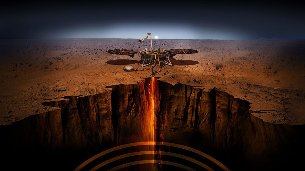 An artist’s depiction of InSight — short for Interior Exploration using Seismic Investigations, Geodesy and Heat Transport. The spacecraft has been designed to give Mars its first thorough checkup since the red planet formed, about 4.5 billion years ago. An artist's depiction of InSight — short for Interior Exploration using Seismic Investigations, Geodesy and Heat Transport. The spacecraft has been designed to give Mars its first thorough checkup since the red planet formed, about 4.5 billion years ago.
NASA/JPL-Caltech