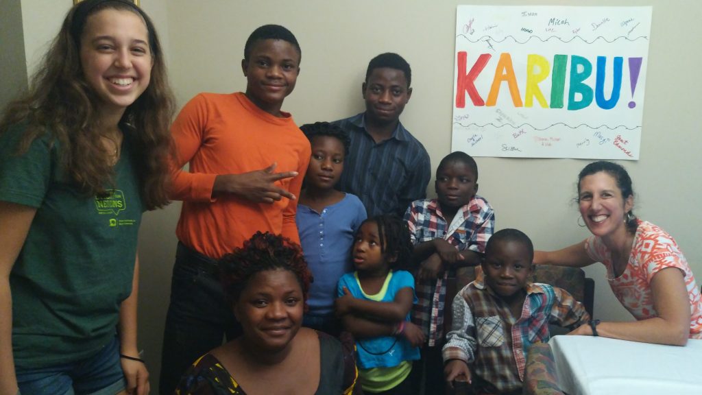 American volunteers Lilah Katz (far left) and her mother, Sharon Fine (far right), welcomed (top row from left) Fikiri, Onike, Paluki and Bienvenie, and (bottom row from left) Cecil, Oliva and Jeteme. American volunteers Lilah Katz (far left) and her mother, Sharon Fine (far right), welcomed (top row from left) Fikiri, Onike, Paluki and Bienvenie, and (bottom row from left) Cecil, Oliva and Jeteme. (Courtesy of Sharon Fine)