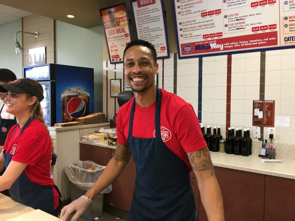 Manager Brian Murray of Jersey Mike's in Thousand Oaks, Calif. The store donated one half of a day's proceeds to a fund for the families of victims of the Borderline Bar & Grill shooting. (Ina Jaffe/NPR)