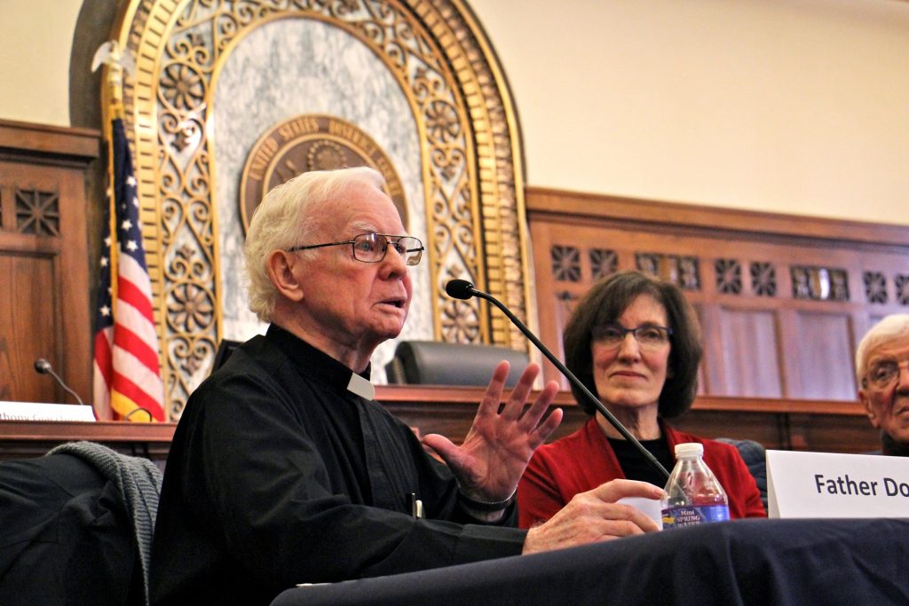 2018 12 06-e lee-michael doyle-camden federal courthouse-camden 28 war protest draft Father Michael Doyle talks about his role in the Camden 28, a group of activists who in 1971 broke into a draft board office to destroy the records of draft registrants in protest of the Vietnam War.
