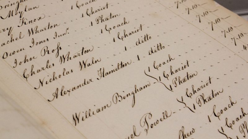 A ledger in the Philadelphia city archives records the tax that Alexander Hamilton paid on his chariot. (Emma Lee/WHYY)
