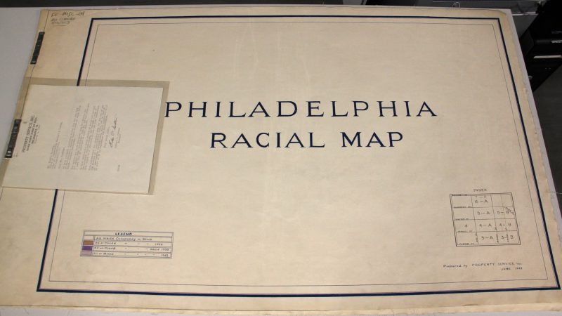 The Philadelphia Racial Map, prepared by Realtors in 1943 and given to the city, enabled housing and lending discrimination on the basis of race. Few such documents survive. (Emma Lee/WHYY)