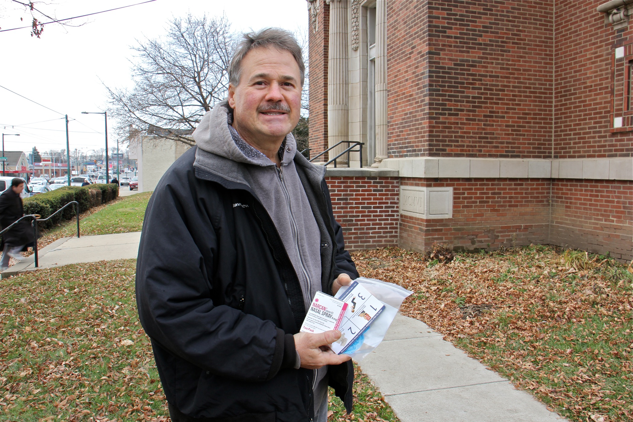 Steve Bryant stops at the Holmsburg Library to pick up some free naloxone. Eighty sites across Pennsylvania distributed the drug that reverses the effects of an opioid overdose.