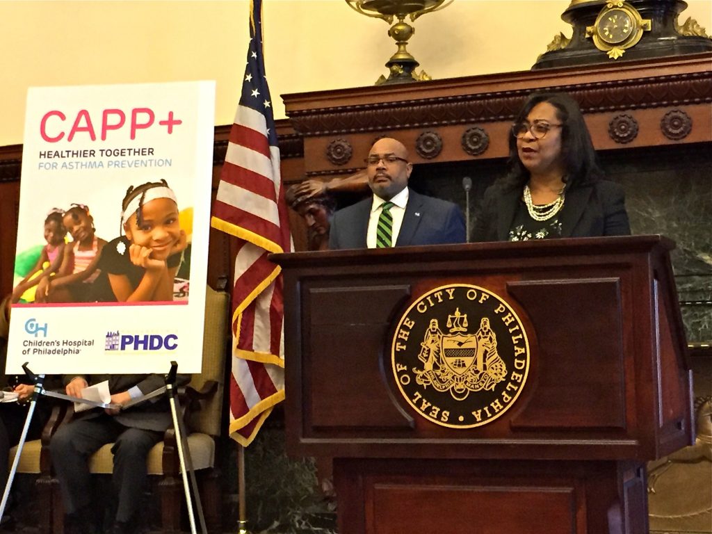 2018 12 17-d bate-tyra bryant stephens-city hall-CHOP community asthma prevention Dr. Tyra Bryant-Stephens, who directs CHOP's Community Asthma Prevention Program, speaks at an event to launch a new partnership with PHDC. (Dana Bate for WHYY)
