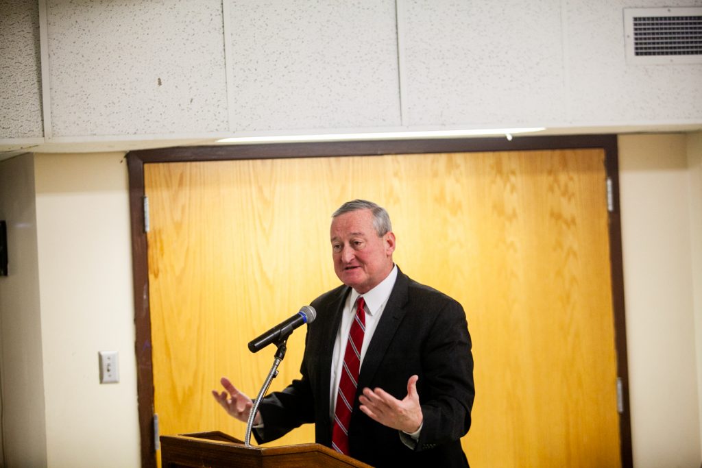 2018 12 18- b larrison- philadelphia- mayor jim kenney councilwoman maria quinones-sanchez councilman mark squilla- city officials give an update on citys opiod crisis-7 Philadelphia Mayor Jim Kenney speaks to Kensington residents about his opioid emergency response executive order at the McPherson Square Library Tuesday evening. (Brad Larrison for WHYY)