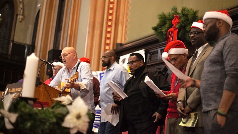 The Good Shepherd House Choir open up a Homeless Memorial Day Service at Arch Street United Methodist Church Thursday evening. (Brad Larrison for WHYY)