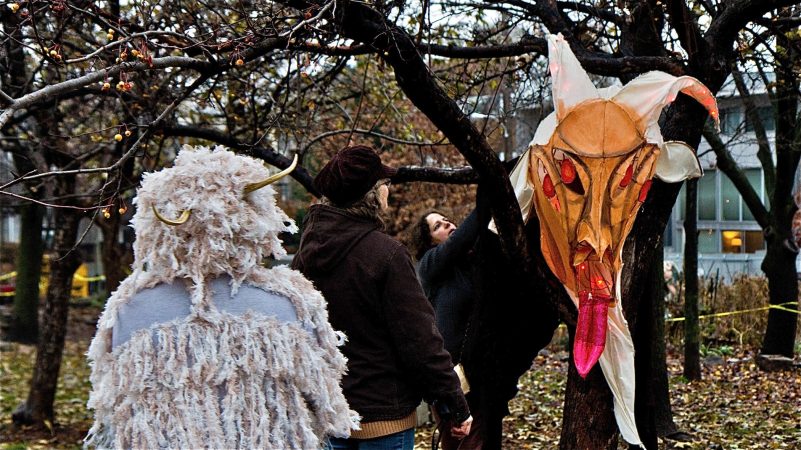 Organizers decorate Liberty Lands park in Northern Liberties for the Parade of Spirits. (Kimberly Paynter/WHYY)