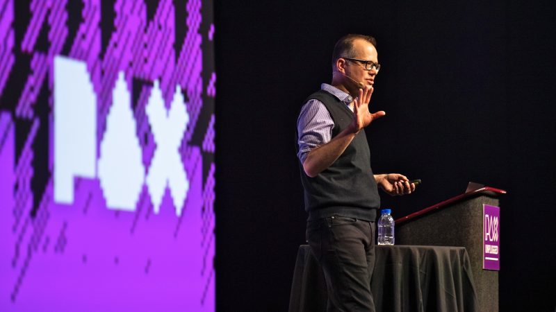 Jeremy Crawford, lead rules designer for Dungeons & Dragons, delivers they keynote address at PAX Unplugged. Crawford discussed the growth of the latest edition of D&D and how the decades-old game is a space for inclusion. (Kriston Jae Bethel for WHYY)