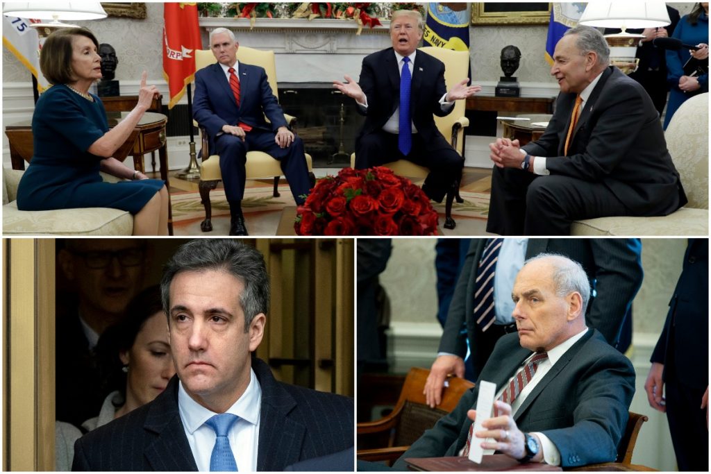 top left: Michael Cohen AP Photo/Craig Ruttle) top right: John Kelly (AP Photo/Michael Reynolds), Bottom: Nancy Pelosi, Mike Pence, Donald Trump, Chuck Schumer (AP Photo/Evan Vucci)