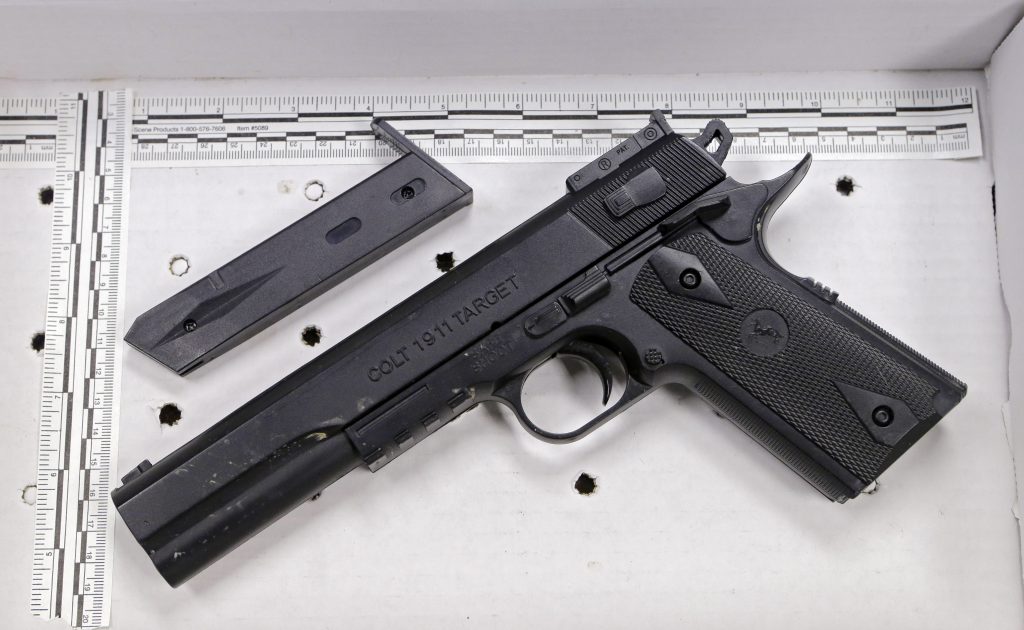 Lookalike Guns Real Crimes In this Nov. 26, 2014, file photo, a fake handgun resembling a Colt 1911 pistol, taken from Tamir Rice after he was fatally shot by Cleveland police, is displayed after a news conference in Cleveland. (Mark Duncan/AP Photo, File)