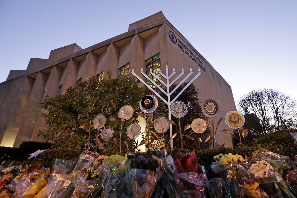 Pittsburgh Synagogue Shooting Hanukkah A menorah is installed outside the Tree of Life Synagogue in preparation for a celebration service at sundown on the first night of Hanukkah, Sunday, Dec. 2, 2018 in the Squirrel Hill neighborhood of Pittsburgh. A gunman shot and killed 11 people while they worshipped Saturday, Oct. 27, 2018 at the temple. (Gene J. Puskar/AP Photo)