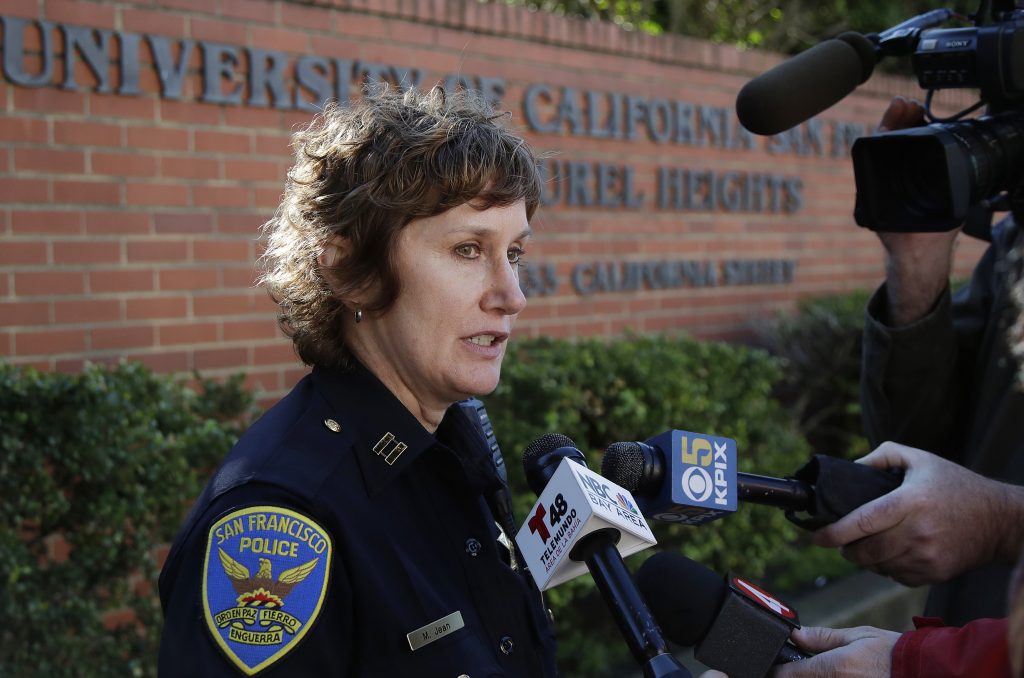 Bomb Threats Hoax San Francisco Police Capt. Michelle Jean speaks to reporters in San Francisco, Thursday, Dec. 13, 2018. Authorities say bomb threats sent to dozens of schools, universities and other locations across the U.S. appear to be a hoax. (AP Photo/Jeff Chiu)