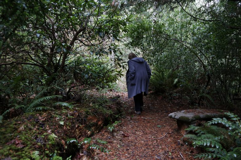 In this Monday, Dec. 10, 2018, photo, Psychologist Hilarie Cash walks on a forest path at a rehab center for adolescents in a rural area outside Redmond, Wash. The complex is part of reSTART Life, a residential program for adolescents and adults who have serious issues with excessive tech use, including video games. Disconnecting from tech and getting outside is part of the rehabilitation process. The organization, which began about a decade ago, also is adding outpatient services due to high demand. Cash is chief clinical officer and a co-founder at reSTART. (AP Photo/Martha Irvine)