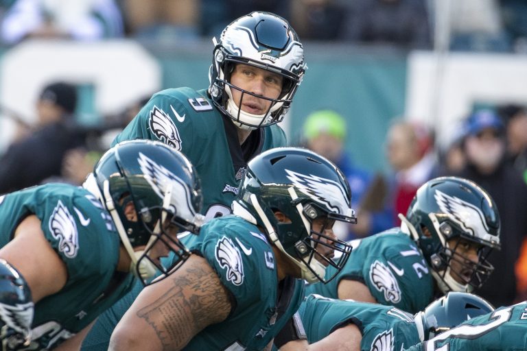 Philadelphia Eagles quarterback Nick Foles (9) looks on from under center during the NFL football game against the Houston Texans, Sunday, Dec. 23, 2018, in Philadelphia. The Philadelphia Eagles won 32-30. (AP Photo/Chris Szagola)