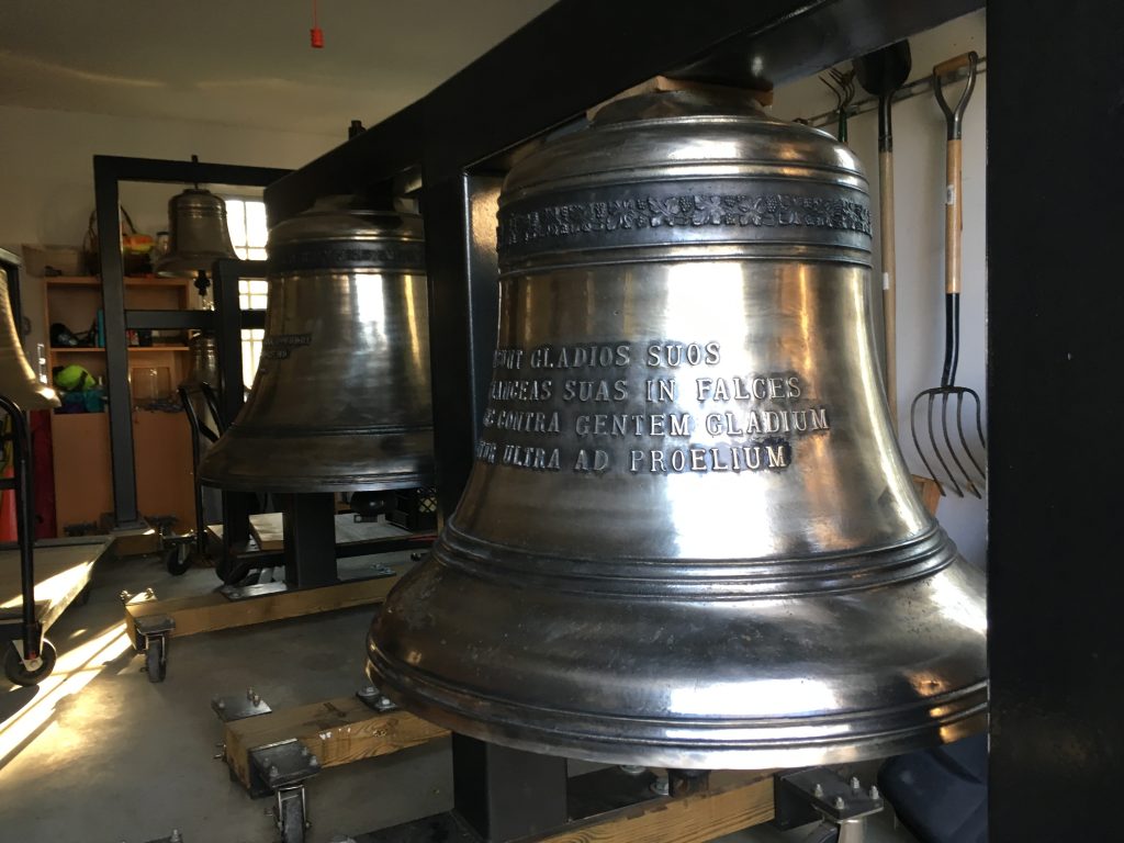 Bells This 1,200 lb. bell, just slightly smaller than the Liberty Bell, sits inside Delaware Symphony Orchestra music director David Amado's garage in Greenville, Delaware. (Mark Eichmann/WHYY)