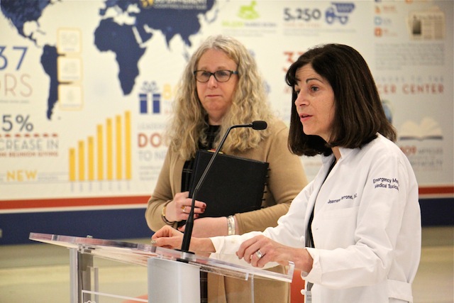 IMG_7782 Emergency Dr. Jeanmarie Perrone (right) joins Pennsylvania Secretary of Health Dr. Rachel Levine to announce new prescription guidelines for emergency room doctors dealing with opioids and opioid addiction. (Emma Lee/WHYY)