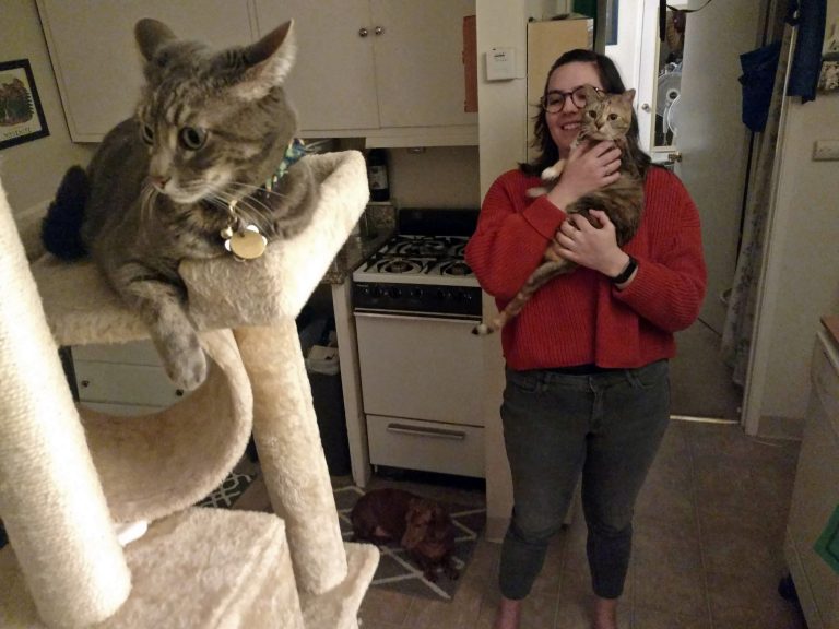 Sydni Schieber with her three pets. (Andrew Stelzer/For WHYY)