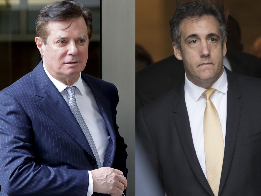 Court documents released Friday suggest that both former Trump campaign chairman Paul Manafort (left) and former Trump attorney Michael Cohen could end up in prison. Court documents released Friday suggest that both former Trump campaign chairman Paul Manafort (left) and former Trump attorney Michael Cohen could end up in prison. (AP)