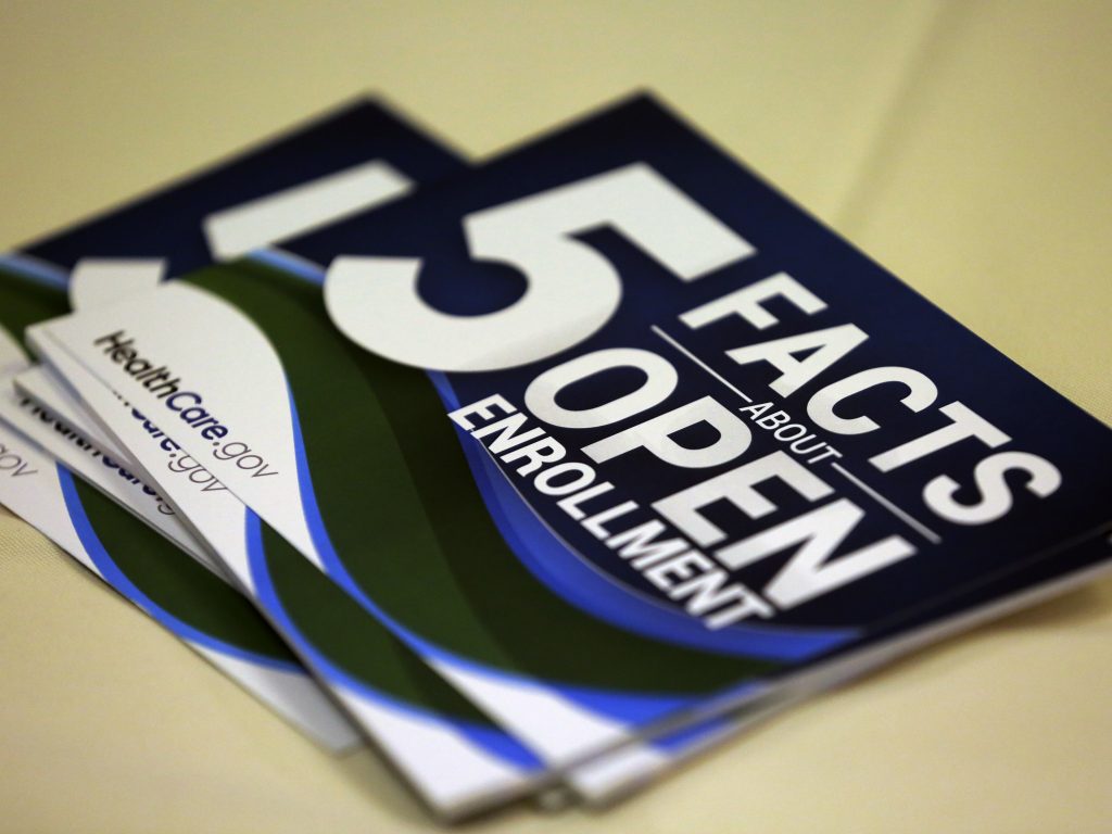Information cards displayed during an Affordable Care Act enrollment event in San Antonio, Texas, in 2016. A federal judge struck down the health insurance law as unconstitutional Friday. Information cards displayed during an Affordable Care Act enrollment event in San Antonio, Texas, in 2016. A federal judge struck down the health insurance law as unconstitutional Friday.
(Eric Gay/AP)