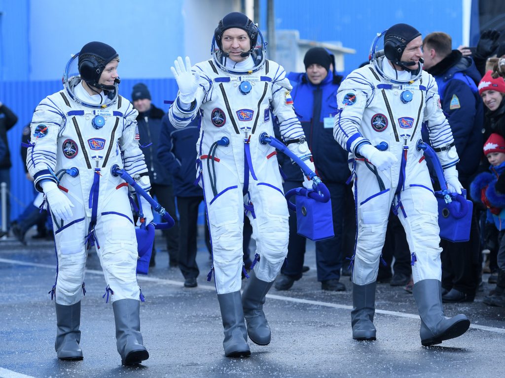 NASA astronaut Anne McClain (from left), Russian cosmonaut Oleg Kononenko and David Saint-Jacques of the Canadian Space Agency successfully blasted into space on Monday morning. It is the first mission since an aborted launch in October. NASA astronaut Anne McClain (from left), Russian cosmonaut Oleg Kononenko and David Saint-Jacques of the Canadian Space Agency successfully blasted into space on Monday morning. It is the first mission since an aborted launch in October.