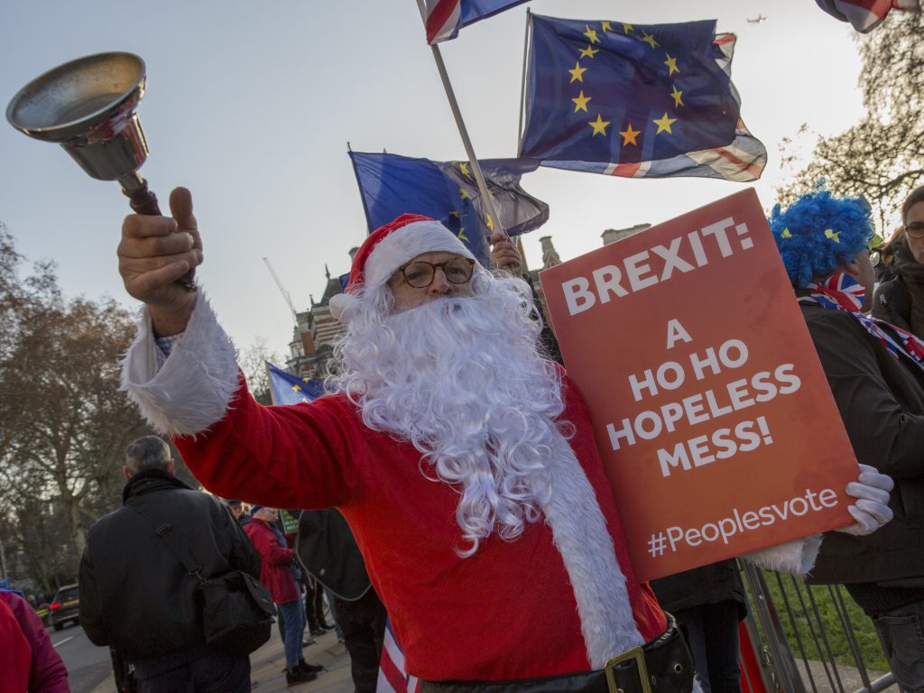 Anti-Brexit activists protest outside Parliament Dec. 11. (Sam Mellish/In Pictures via Getty Images)