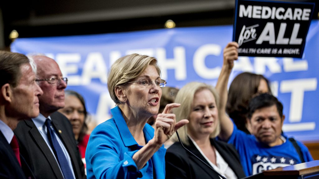 Sen. Elizabeth Warren, a Democrat from Massachusetts (center), was just one of several potential 2020 presidential candidates who came out in support of Sanders’ Medicare for All proposal in 2017. Sen. Elizabeth Warren, a Democrat from Massachusetts (center), was just one of several potential 2020 presidential candidates who came out in support of Sanders' Medicare for All proposal in 2017. (Andrew Harrer/Bloomberg via Getty Images)