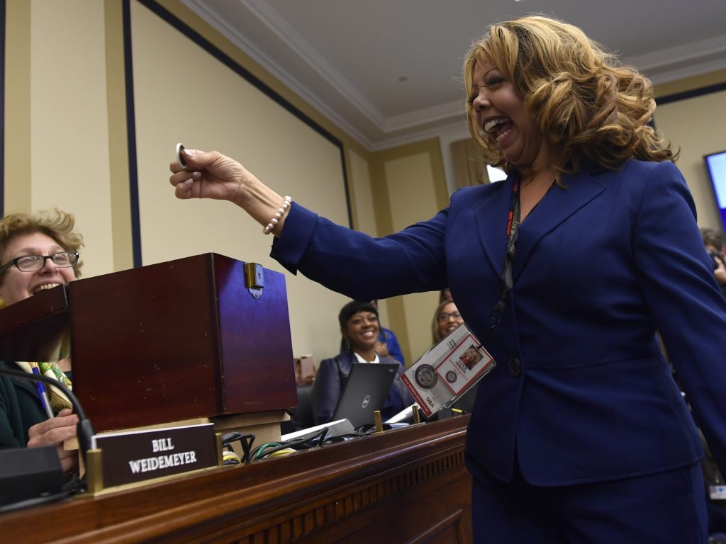 Rep.-elect Lucy McBath, D-Ga., reacts after drawing her number during the Member-elect room lottery draw on Capitol Hill in Washington on Friday. Rep.-elect Lucy McBath, D-Ga., reacts after drawing her number during the Member-elect room lottery draw on Capitol Hill in Washington on Friday.
(Susan Walsh/AP)