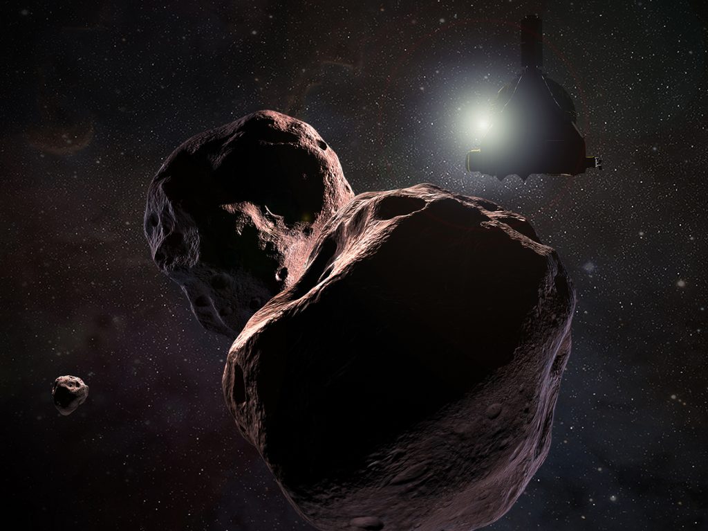 An artist's impression of NASA's New Horizons spacecraft encountering Ultima Thule, a Kuiper Belt object that orbits 1 billion miles (1.6 billion kilometers) beyond Pluto, on Jan. 1, 2019. (JPL/NASA/Johns Hopkins University Applied Physics Laboratory/Southwest Research Institute/Steve Gribben)