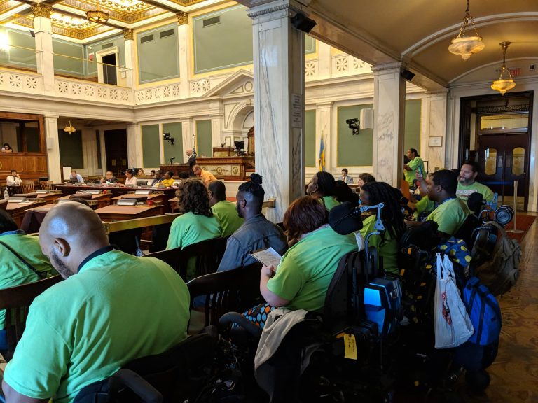 Representatives of the Philadelphia Coalition for Affordable Communities packed a Sept. 26 City Council hearing. (Shaylin Sluzalis via Twitter)