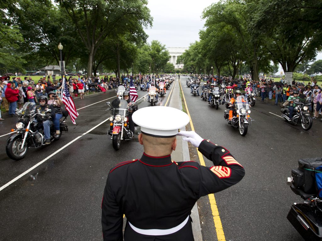 A U.S. Marine salutes as participants in the Rolling Thunder motorcycle rally rumble through Washington, D.C., in 2017. Organizers say the 2019 event will be the last in D.C. A U.S. Marine salutes as participants in the Rolling Thunder motorcycle rally rumble through Washington, D.C., in 2017. Organizers say the 2019 event will be the last in D.C. (AFP/Getty Images)