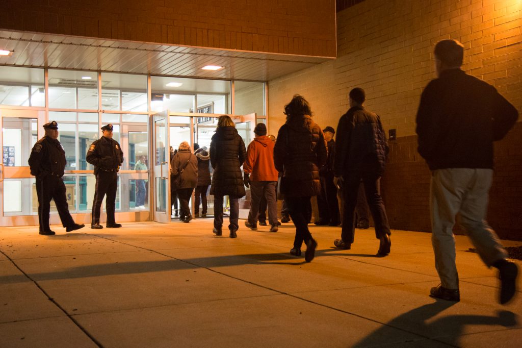 01 02 2019-e cohen – people walking into school – strath haven high school-1 After racist letters and photos were circulated among students at Strath Haven High School, the Wallingford-Swarthmore School District held an informational meeting on Jan. 2, 2019. More than 400 residents showed up to listen and have their voices heard. (Emily Cohen for WHYY)