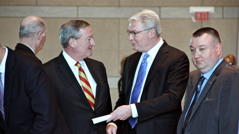 Labor leader John Dougherty talks with Mayor Jim Kenney during an event at the National Constitution Center celebrating Kevin Dougherty's election to the Pennsylvania Supreme Court in 2015. (Emma Lee/WHYY)
