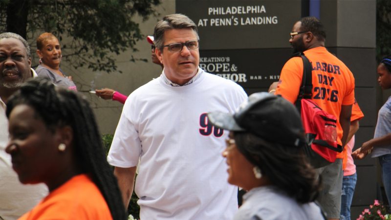 Philadelphia City Councilman Bobby Henon wears a Local 98 T-shirt at the Labor Day parade in 2016. Henon's office at City Council was searched by the FBI a month before. (Emma Lee/WHYY)