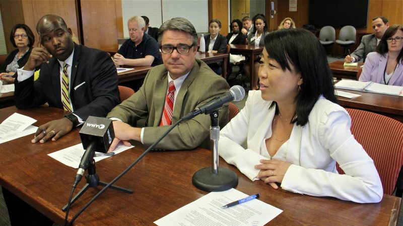 Philadelphia City Council members (from right) Helen Gym, Bobby Henon and Derrick Green appear before the city Board of Ethics to describe legislation that would allow public funding of political campaigns. (Emma Lee/WHYY)