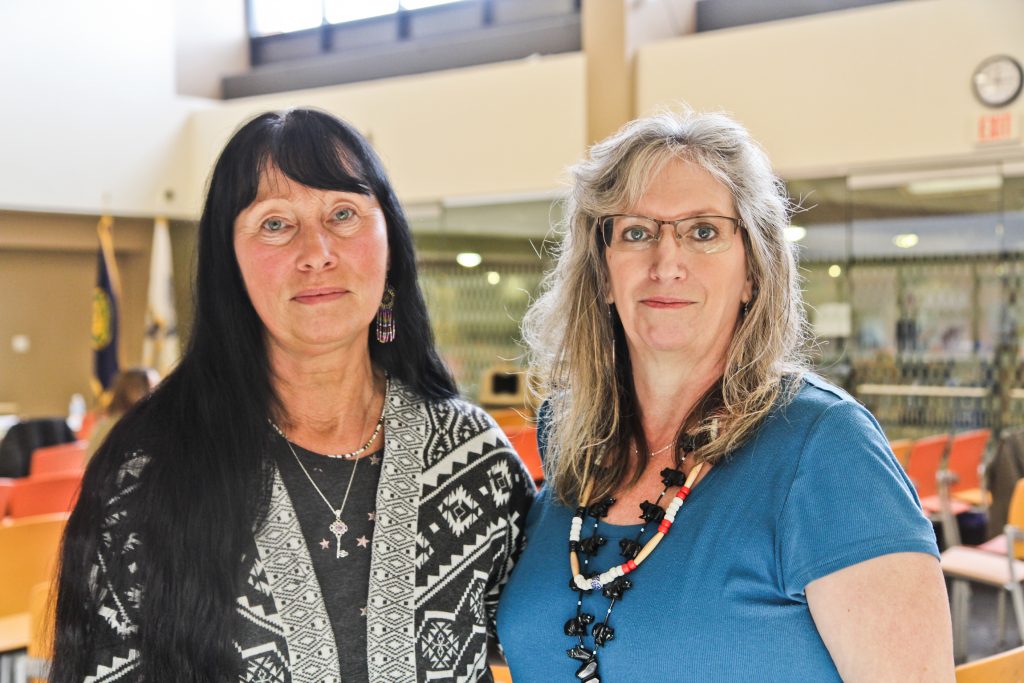 2019 01 07 kpaynter neshaminy mascot hearing Ann Remy (right), is of Lenape descent, and Donna Fann-Boyle (left) is of Cherokee descent. Fann-Boyle is testifying at public hearing in Bucks County about the Neshaminy School District mascot. (Kimberly Paynter)