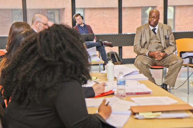 Chad Dion Lassiter, the Pennsylvania Human Relations Commission executive director, testifies at a public hearing in Bucks County about the Neshaminy School District mascot. (Kimberly Paynter)