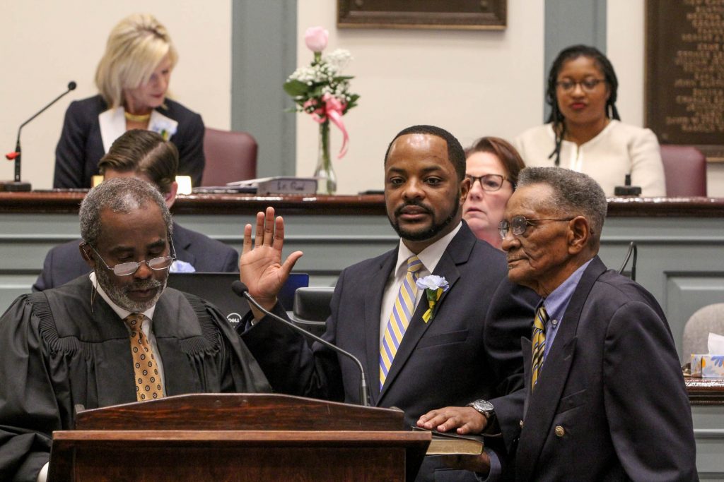 2019 01 08-e lee-darius brown-delaware state house-swearing in Darius Brown is sworn in as a Delaware state senator at Legislative Hall in Dover in January 2019. (Emma Lee/WHYY)