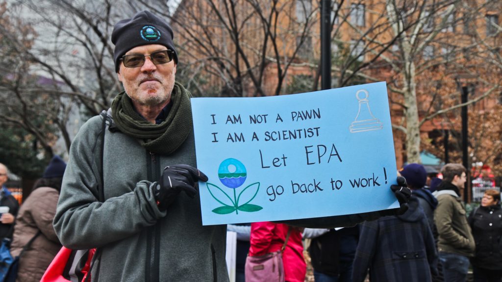 2019 01 08 kpaynter government shutdown rally-8 Garth Connor works for the Philadelphia office of the EPA and worries about pollution going unchecked, and paying his daughter’s college tuition. (Kimberly Paynter/WHYY)