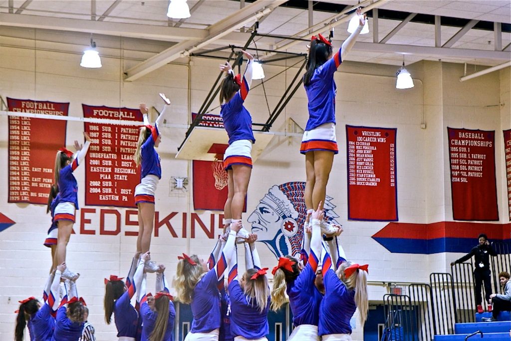 2019 01 17-k paynter-neshaminy high school-controversial redskins mascot Cheerleaders perform at a Neshaminy Redskins basketball game on Jan. 15, 2019. (Kimberly Paynter/WHYY)