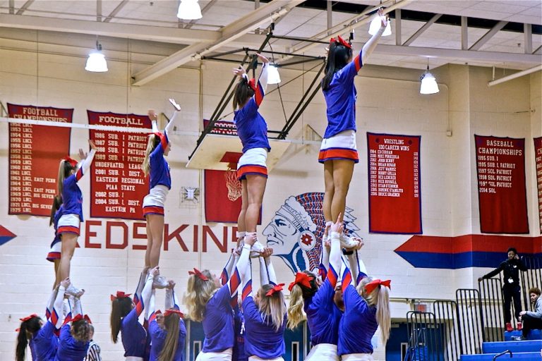 Cheerleaders perform at a Neshaminy Redskins basketball game on Jan. 15, 2019. (Kimberly Paynter/WHYY)