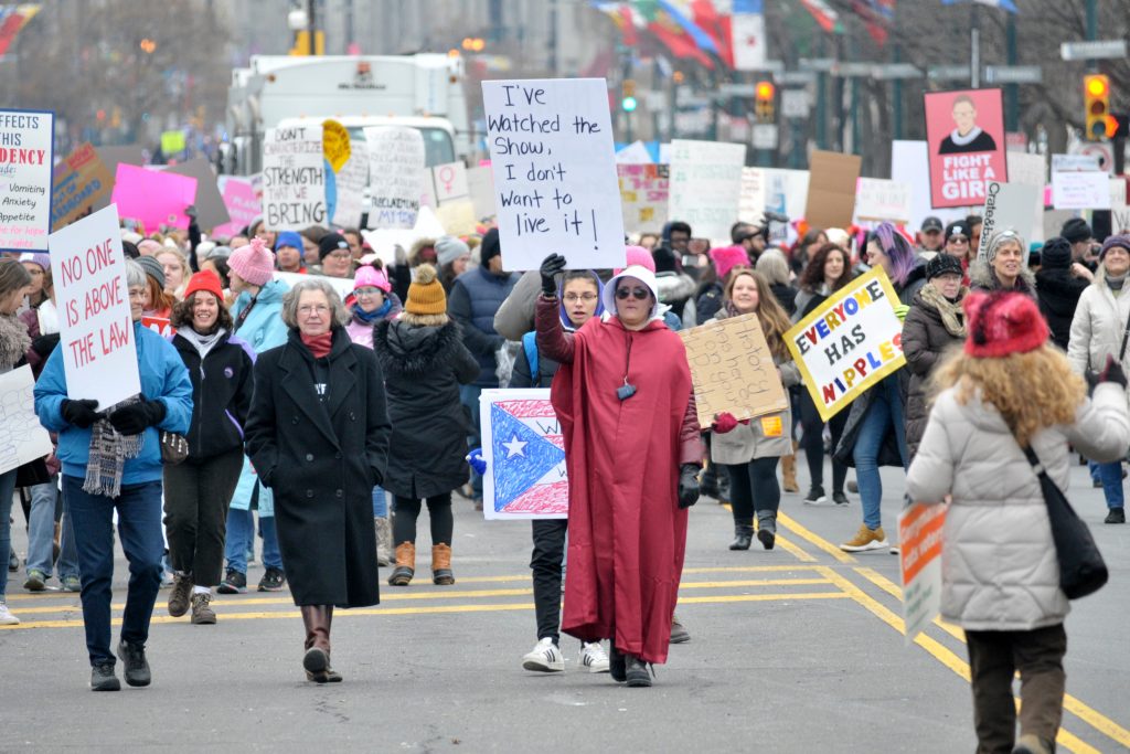 Women’s March in Philadelphia, PA Venus Caceras dons a Handmaid's Tale costume as she participates in the 2019 Women's March along the Benjamin Franklin Parkway in Philadelphia, Pa. (Bastiaan Slabbers for WHYY)