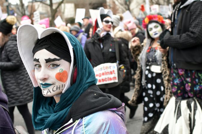 With a lower turnout than previous years, supporters participate in the 2019 Women's March on the Benjamin Franklin Parkway, in Philadelphia, Pa. (Bastiaan Slabbers for WHYY)