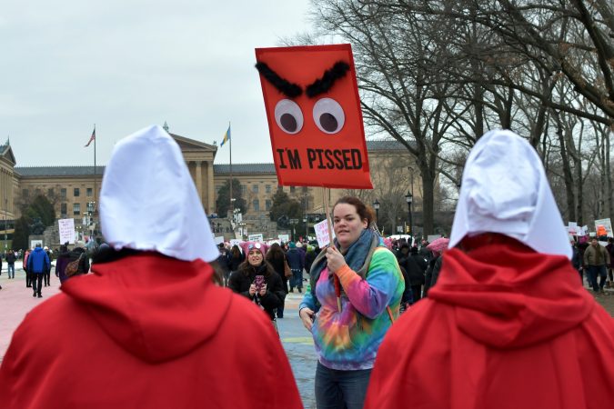 With a lower turnout than previous years, supporters participate in the 2019 Women's March on the Benjamin Franklin Parkway, in Philadelphia, Pa. (Bastiaan Slabbers for WHYY)