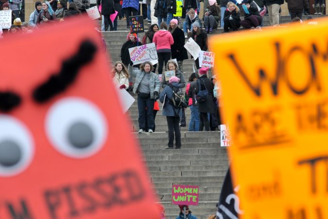 With a lower turnout than previous years, supporters participate in the 2019 Women's March on the Benjamin Franklin Parkway, in Philadelphia, Pa. (Bastiaan Slabbers for WHYY)
